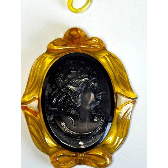 Unknown Jewelry - Apple Juice Bakelite Reverse Carved Cameo Pendant Necklace Celluloid Chain 1930s